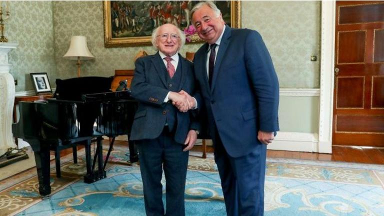President Michael D. Higgins greets Gérard Larcher, president of the Senate of France, at Aras an Uachtarain
