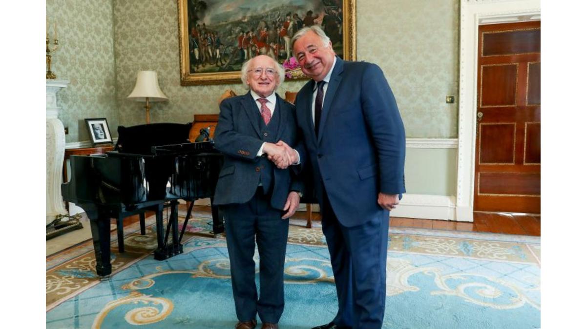 President Michael D. Higgins greets Gérard Larcher, president of the Senate of France, at Aras an Uachtarain